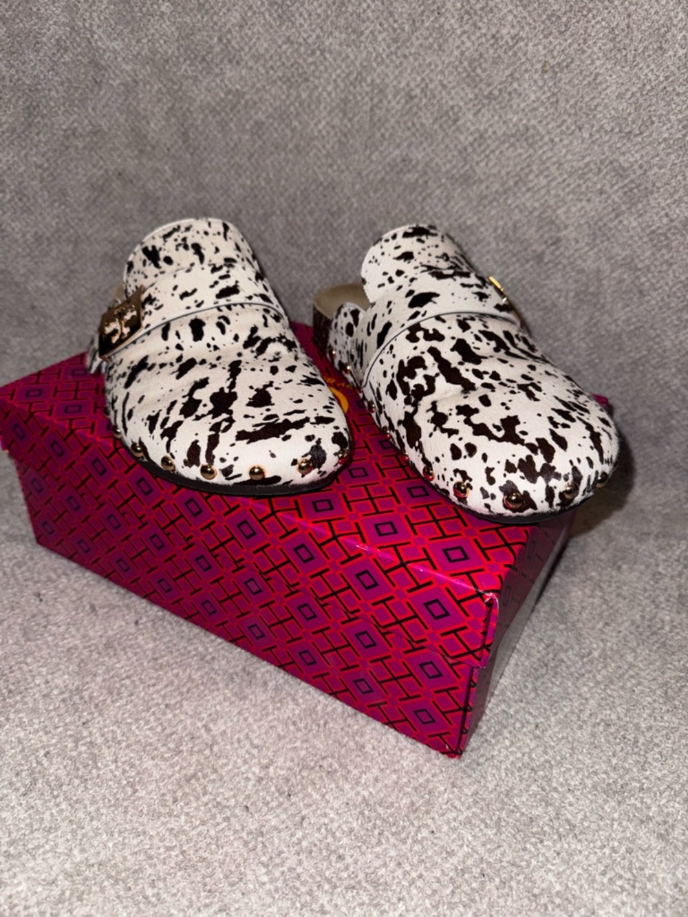 Tory Burch Cow print Mellow Stud Mule Hair Calf Slip-On worn one time